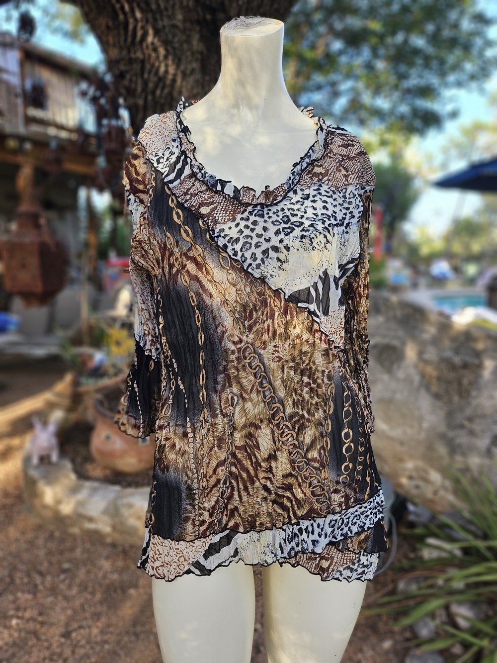 Lindi Mixed Animal Print & Chains Printed Pleated Blouse - Brown/Black S
